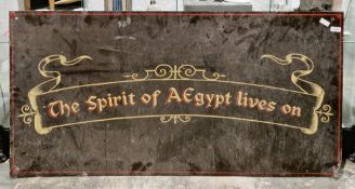Mid century advertising shop display sign reading ' The spirit of Aegypt lives on ', having gold