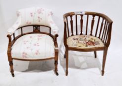 Edwardian mahogany inlaid tub chair with shaped splats and floral upholstered seats, on square