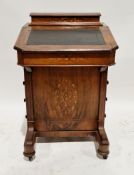 Victorian walnut and burr walnut inlaid davenport, the hinged lid opening to a fitted stationery