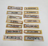 Collection of 14 glass apothecary cabinet drawer labels/plaques, each marked under the glass with