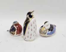 Three Royal Crown Derby bone china Imari pattern bird paperweights comprising a penguin, a robin and