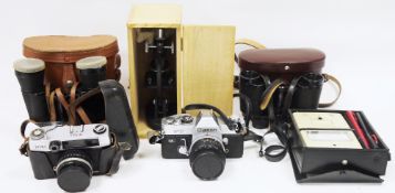 Mixed lot of cameras and binoculars including a Canon FT camera with case, a cased Japanese Rival