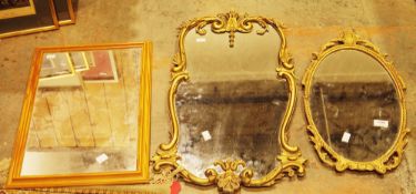 Two 20th century gilt metal mirrors, one with shaped foliate scroll frame, 64cm high x 39cm wide and