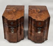 Pair of Georgian satinwood and harewood marquetry inlaid serpentine knife boxes, the hinged covers