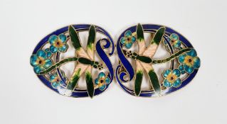 Art Nouveau gilt metal and enamel belt buckle, the pierced design in the form of dragonflies amongst