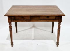 19th century French-style oak table, the rectangular plank top with thumbmould edge, over two