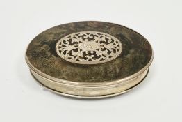 Tortoiseshell and silver pique oval snuff-box and cover, late 18th century, the cover with oval