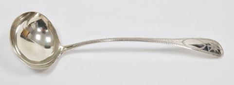 George III Irish silver soup ladle, Dublin 1807, maker's mark rubbed,  pointed old English pattern