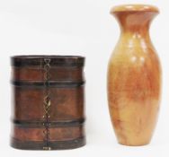 Leather covered waste basket with pierced handles, 27cm high and a hardwood floor vase of baluster