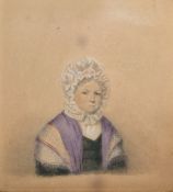 Victorian English watercolour drawing Head and shoulders portrait of a woman wearing a bonnet and