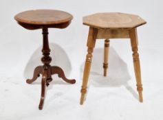 19th century pine side table with hexagonal top, on three block and turned baluster legs, 72cm