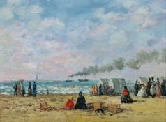 20th century school Oil on panel Coastal scene with figures on beach watching steamboats,
