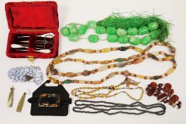 Green leather covered jewellery box containing costume jewellery including marcasite, Gucci gilt