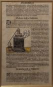 Antique German woodcut chemist's bookplate, the text explaining how to distil water through three