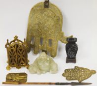 Chinese green glass carved model of a Buddha, 8cm high, Chinese carved stone vase ornament, 10cm