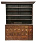 Late 19th / early 20th century mahogany apothecary shop cabinet, the moulded cornice over an upper
