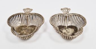 Pair of silver trefoil shaped pierced bon-bon dishes, hallmarked Birmingham, 1912, makers marks