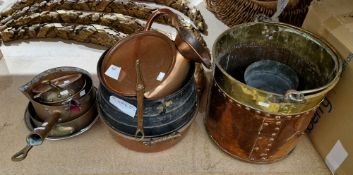 Brass and copper riveted bucket with swing handle, assorted copper pans, copper measure and other