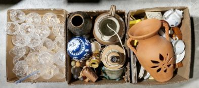 Three boxes of assorted items including glassware, pottery table lamp, studio pottery jug, etc (3