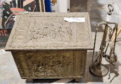 Coal box fitted in embossed brass panels displaying various tavern and games scenes and a brass
