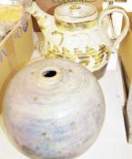 A studio pottery teapot (damaged) and a spherical studio pottery vase (2)