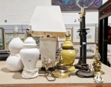 Quantity of modern table lamps, including a pair of metal column lamps, pottery vase lamps etc. (8)