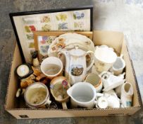 Box of assorted ceramics including crested ware, novelty character teapot and two framed sets of