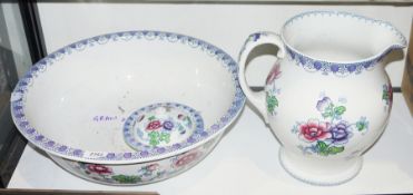 Early 20th century Maling pottery transfer printed part wash set, comprising: a ewer, wash basin and