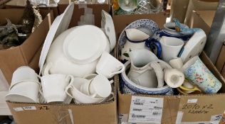 Two boxes of assorted ceramics including a Shelley Melody mug and a quantity of white tableware, etc