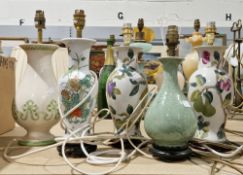 Pair of modern table lamps, the ceramic vase bases decorated with fruit, another modern celadon