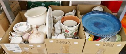 Three boxes of assorted ceramics including a Paragon part tea set, jardinieres, etc (3 boxes)