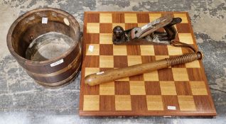 Brass-bound jardiniere by RA Lister & Co Ltd, a Stanley plane, a treen truncheon and a chessboard (