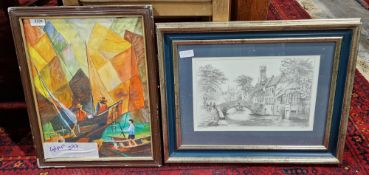 Watercolour drawing of sailing ships, possibly Chinese, brilliant colours and a pencil drawing of