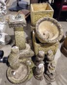Collection of reconstituted stone and other garden items including three square planers, a small