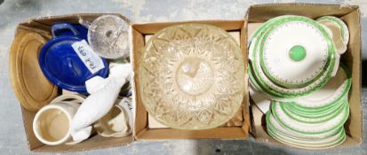 Three boxes of assorted ceramics and glass including a Alfred Meakin part table set, a glass punch