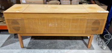 1980's HMV radio and turntable in teak standing case with grid decoration 125cm wide x 36cm deep x