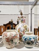 Japanese baluster vase decorated with blossom, a table lamp and one other vase (3)