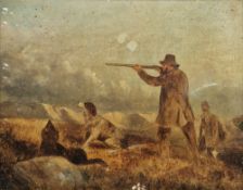 19th/20th century school Oil on canvas Shooting scene with two figures and dogs, unsigned, framed