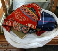 Embroidered circular table cloth, a 19th century christening gown, fabric and other textiles