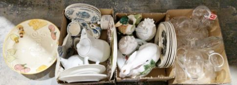 Three boxes of assorted ceramics and glass including decanters, a hare tureen, duck jug, etc (3