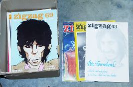 Box containing editions of Zigzag the rock magazine , 1970's
