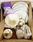 Quantity of ceramics including Spode rose painted dishes, nursery plaques, etc and a copper bed