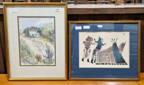 Watercolour of a cottage indistinctly signed, a limited edition print by Helen Hanson 