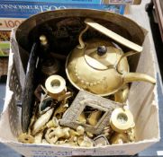 Box of assorted metalware including a brass kettle, brass animal ornaments, a pair of