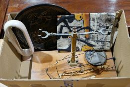 Pair of brass balance scales by HL Becker Brussels, a textile panel and other items