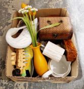 One box of assorted ceramics, glass, a wooden model of a bird etc.