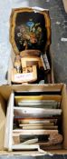 Four boxes of miscellaneous items, including a chess board, a painted lacquer bowl, various treen