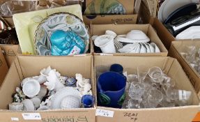 Four boxes of assorted ceramics and glass including an Aldermaston bowl (damaged), a blue glass