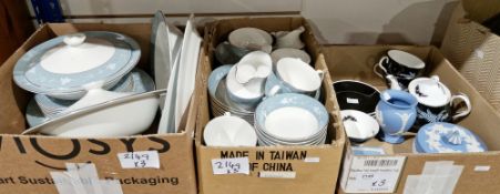 Three boxes of assorted ceramics including Jasperware, Royal Doulton Reflection pattern part table