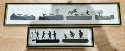 Two framed silhouettes, one of four vignettes of animals, 8cm x 47cm the other of people, 7cm x 25cm